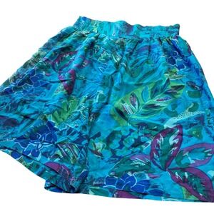Options Melrose Silk Lounge Shorts Tropical Floral Elastic Waist Blue Green 28"